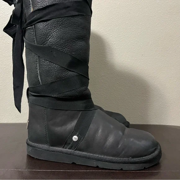 UGG Australia Tall Lace Ribbon Black Leather Sherpa Lined Boots Size 8 - Picture 3 of 13